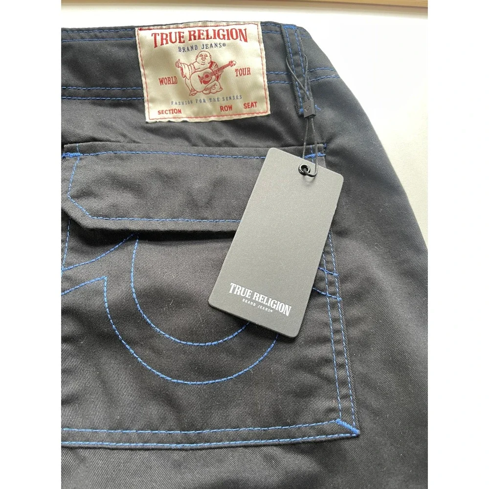 True Religion Mens Cargo Pants Jet Black Pacific Blue Contrast Stitch 34W New